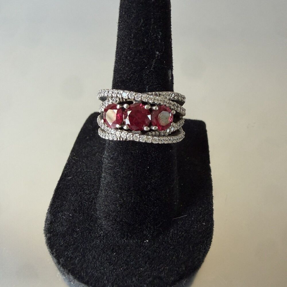 925 Sterling Silver Red Cubic Zirconia Bypass Split Shank Ring Size 6 Signed